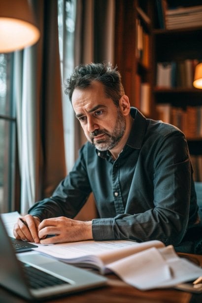 An image of a young male professional, sitting at a desk filled with documents and a laptop open. He appears focused and determined, reading through the Family and Medical Leave Act (FMLA) details, highlighting the importance of understanding one’s rights.