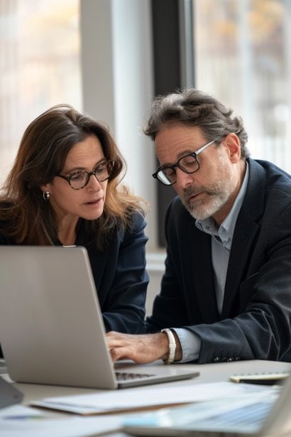 An image of a mature female legal advisor, looking professional and authoritative, consulting with a male executive at his office. She's pointing to a document on a laptop, discussing the legal nuances of incentive bonuses, with the executive looking focused and taking notes.