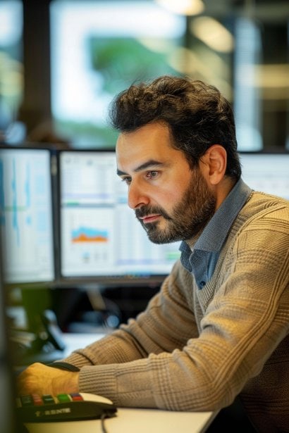 A male analyst, looking concentrated and purposeful, examining data on a monitor in a quiet office environment. The screen displays charts and metrics evaluating the effectiveness of incentive bonuses, symbolizing rigorous analysis and review.