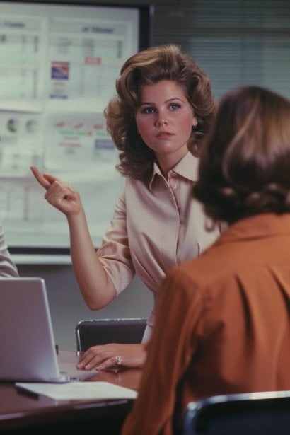 A female professional, looking strategic and authoritative, leading a boardroom meeting with a few key executives. She is pointing to a flip chart that outlines various stakeholder concerns. Her expression is commanding, guiding the discussion with expertise.