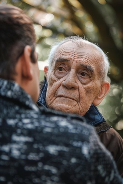 An image capturing a tender moment where an elderly man (grandfather) is being comforted by his adult son in a serene setting, possibly a garden. Both show subtle expressions of concern and compassion, emphasizing the emotional support crucial during family emergencies.