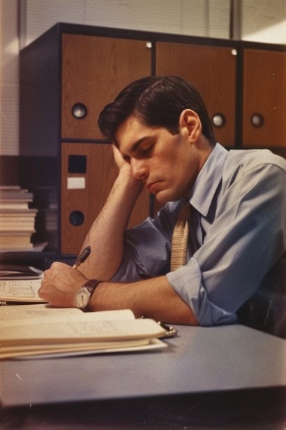 A young male professional, sitting alone at his desk in a quiet office corner, writing in a journal. His expression is focused and determined, capturing his personal strategy to cope with workplace exclusion.