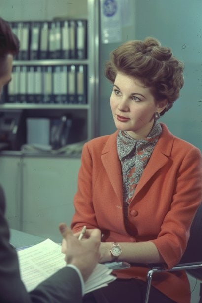 A female executive, looking inquisitive and attentive, sitting across from a young male professional in a high-end office setting. He is explaining a point with a confident gesture, holding documents that likely contain data and analysis relevant to their discussion. The environment is formal, underscoring the gravity of their interaction.