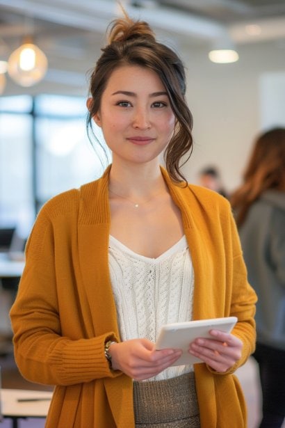 A young female professional, holding a digital tablet and standing in a semi-circle with a few new colleagues in a brightly lit office. She displays a look of eager anticipation and a subtle smile, symbolizing her readiness and excitement to join the team and engage with her new environment.
