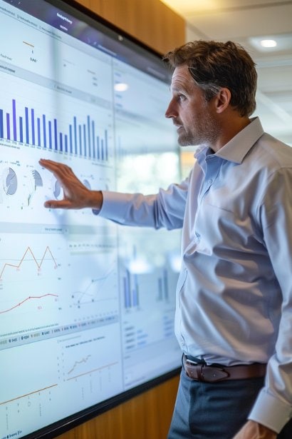 A male professional, looking focused and engaged, adjusting a large screen displaying an interactive graph in a modern conference room. The graph illustrates market trends, and he is pointing at significant data points, preparing to explain these insights to a small, awaiting executive audience. His posture is confident, indicating his preparedness and knowledge.