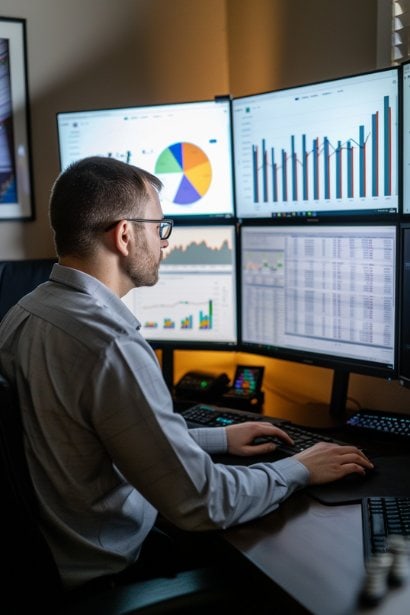 A minimalist office scene with a male professional at his desk, surrounded by multiple screens displaying graphs and analytics. He's analyzing data with a look of concentration and determination, epitomizing the connection between individual focus and overall team productivity.