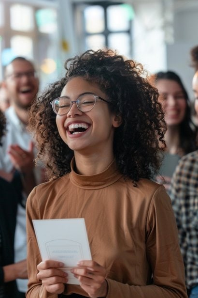 A photo of a female professional receiving an award in a modest office ceremony. She is smiling broadly, holding a small certificate, while a male colleague or supervisor is applauding her achievement. The setting is an office with a few colleagues gathered around, all showing expressions of happiness and support. This image captures a sense of accomplishment and the positive impact of recognition in the workplace. Her expression reflects pride and gratitude, emphasizing the motivational aspect of workplace rewards.