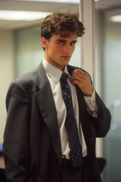 A young male professional, impeccably dressed, adjusting his tie in front of a mirror in a modern office setting. The reflection captures his focused and determined expression, emphasizing the importance of professionalism and personal standards in shaping one's career identity.