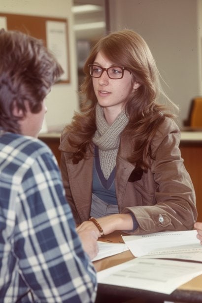A group of two young professionals (one male and one female), in a discussion over a table with various documents including appointment letters, possibly indicating different terms for internships or temporary roles. The setting is informal yet professional, reflecting tailored employment situations like internships or fixed-term contracts.