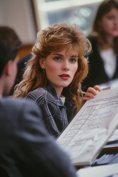 A photo of a young female HR professional, looking determined and attentive, conducting a small workshop for employees. She is using a flip chart to explain the structure of the incentive bonus program, with the employees looking intrigued.