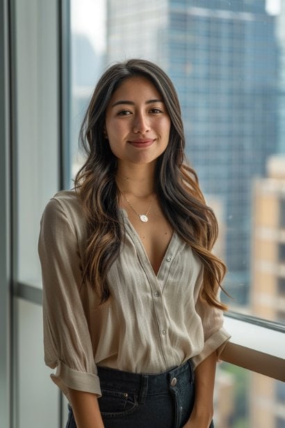 A young female professional at her workplace, reflecting on her career journey with a smile, standing by a window with a view of the city skyline. She looks satisfied and proud, symbolizing the fulfillment and success achieved through aligning her career with her interests.