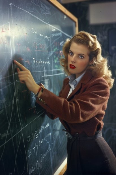 An image of a female professional standing in a project planning room, pointing at a large blackboard with project timelines and objectives. She appears proactive and enthusiastic, illustrating her role in driving new initiatives. Her expression is one of focused determination, embodying leadership and foresight.