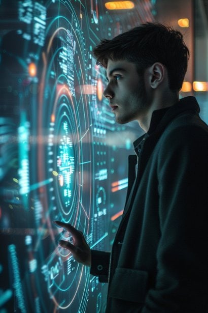 A young male professional, looking analytical and focused, examining a large digital display of network data in a smart city control room. This scene reflects the application of technical competence in managing and optimizing complex systems.