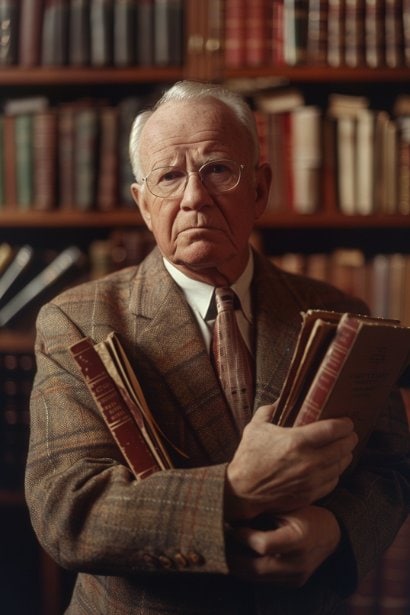 An older male professional, looking wise and experienced, in a serene library setting, holding books about psychology and personal development. His expression is one of deep reflection on the inherent traits and acquired skills, enhancing the section about different types of personal attributes.