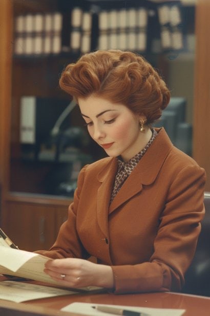 A female professional, dressed in business attire, reading a letter of appointment with a look of approval and contentment. She sits at a modern, clean desk, the letter in one hand, and a pen in the other, ready to sign, symbolizing the receipt and review of a formal job appointment.