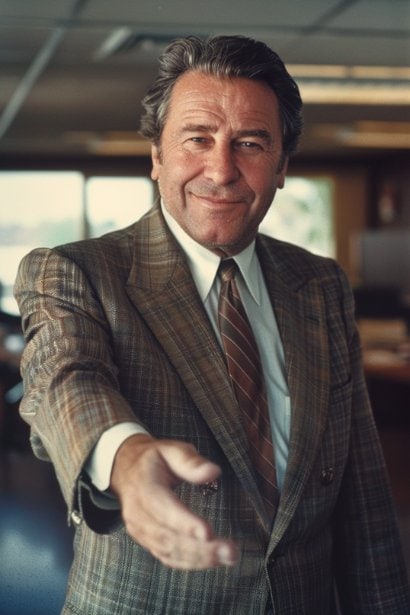 A middle-aged male professional, dressed in a smart business suit, standing in a modern office environment. He is extending a handshake, looking directly at the camera with a warm, inviting smile, symbolizing professionalism and proper business etiquette.