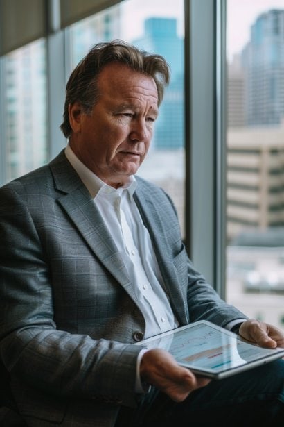 A middle-aged male executive, looking thoughtful and analytical, seated in a modern, well-lit office with a large window showing a cityscape. He is reviewing a digital tablet that displays graphs and charts, symbolizing his focus on outcomes and ROI. His expression is serious, reflecting deep consideration of business strategies.